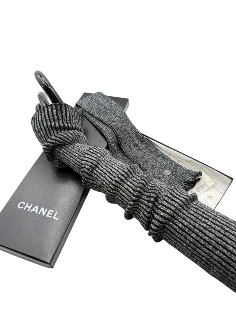 Chanel Gunmetal Silver Ribbed Long Fingerless Gloves with Box