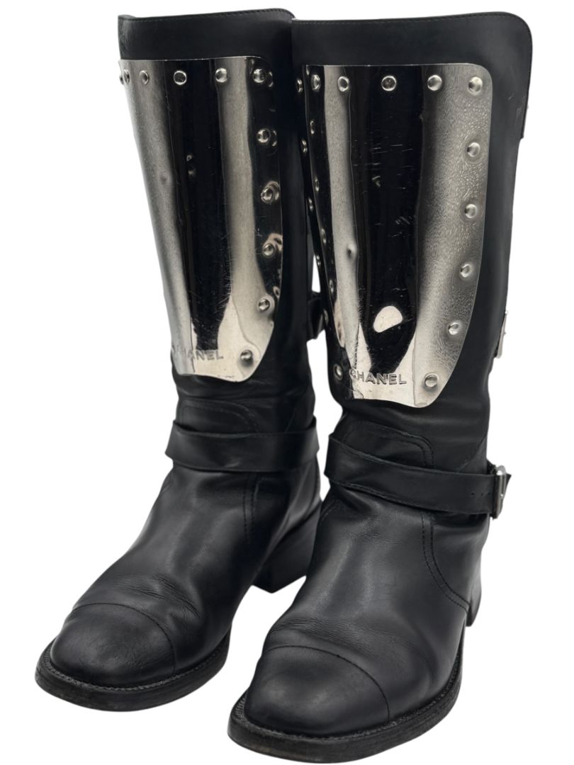 Chanel Black Leather Moto Boots with Silver Armor Plate – Size 40.5
