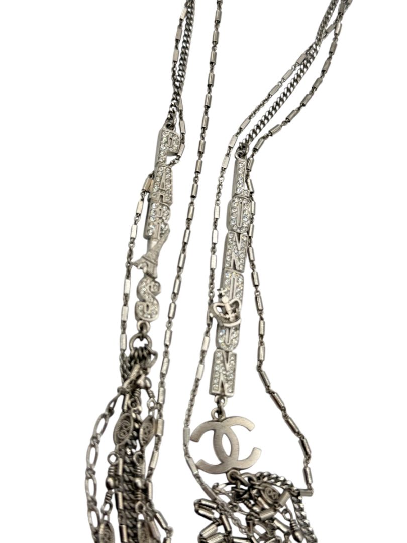 Chanel Silver Multi-Strand “Paris London” Crystal Chain Necklace