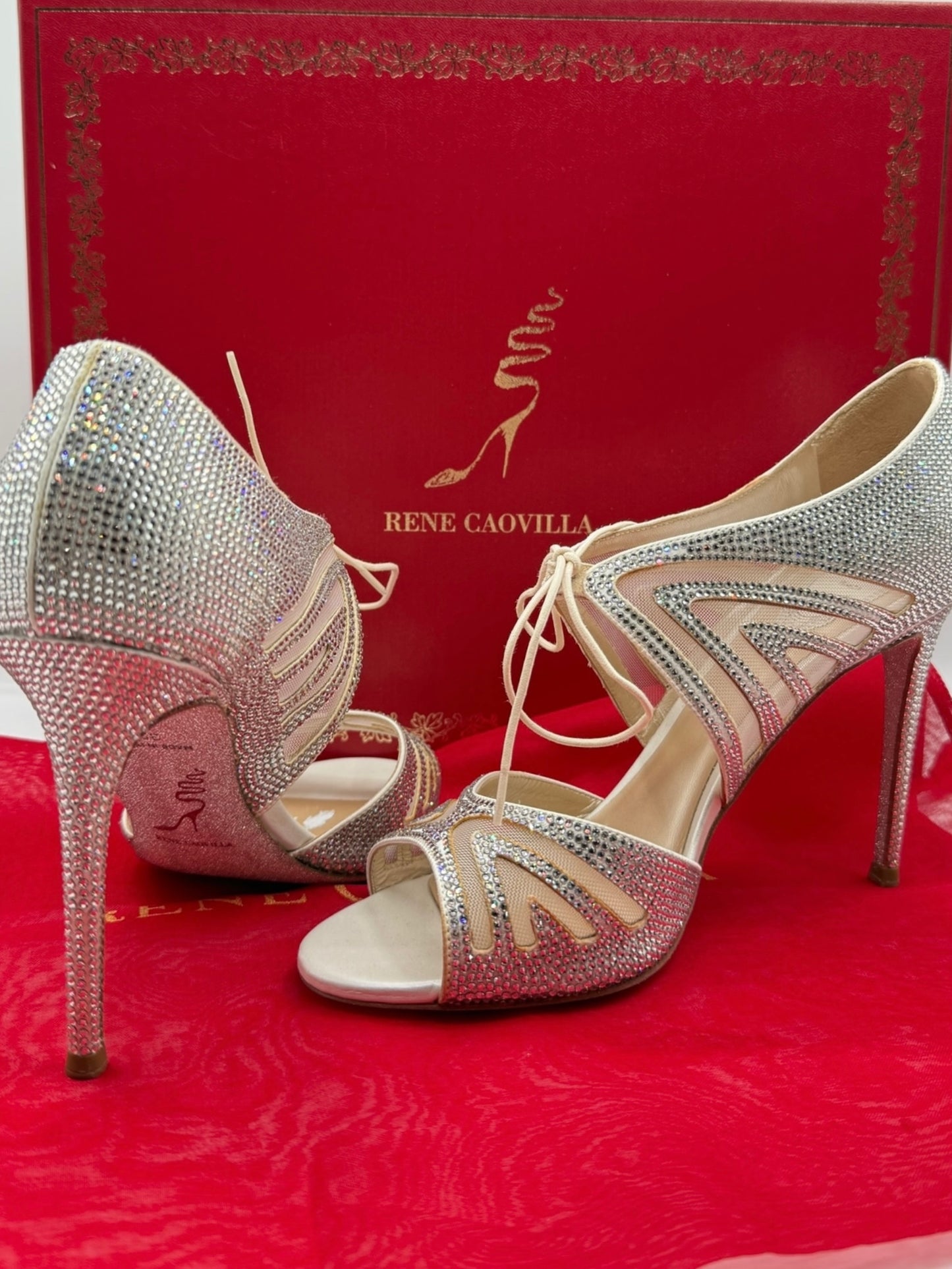 BNIB René Caovilla Silver Crystal Mesh Lace-Up Heels – Size 39