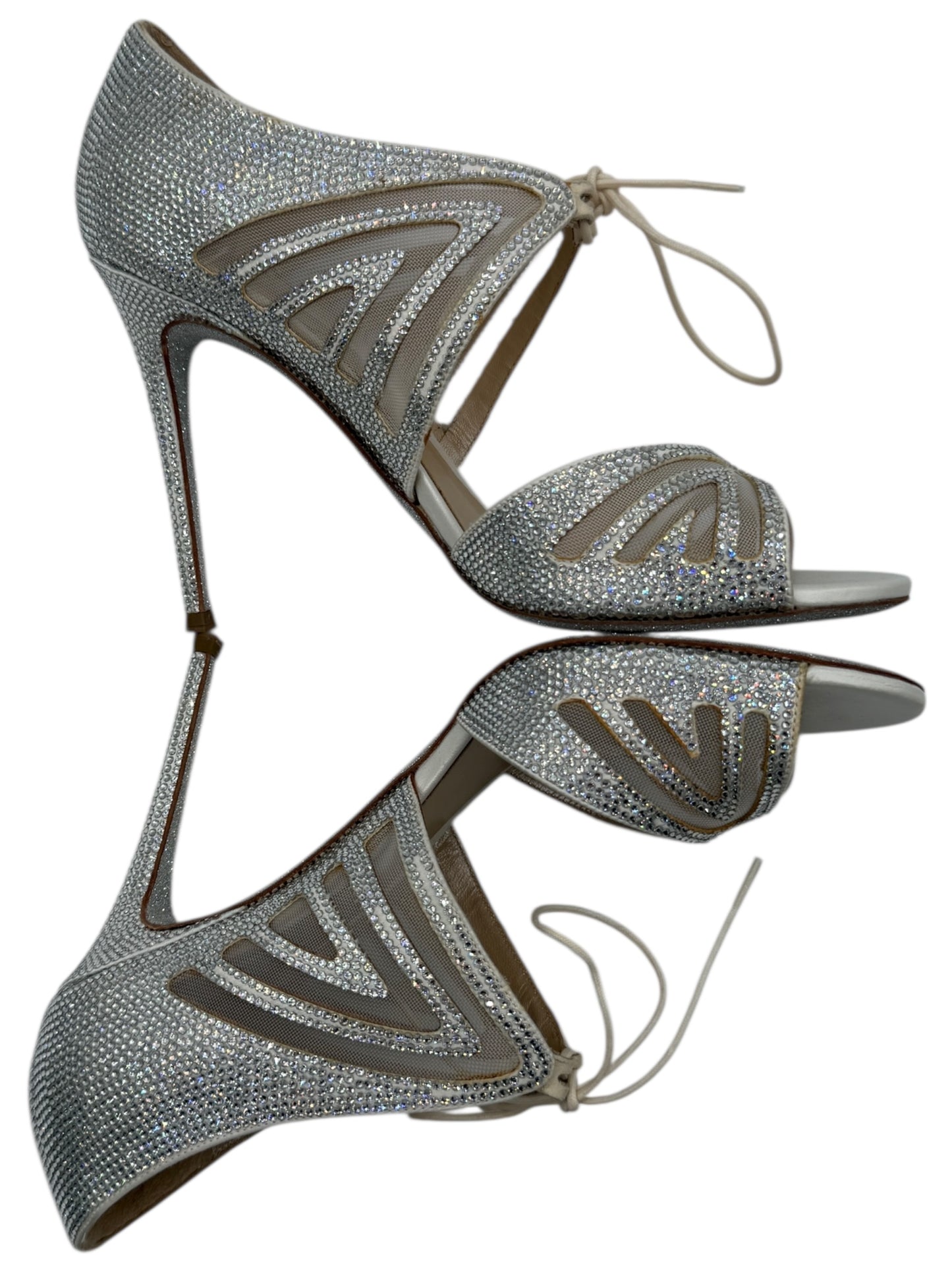 BNIB René Caovilla Silver Crystal Mesh Lace-Up Heels – Size 39