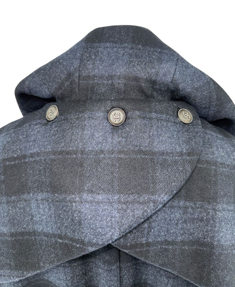 *RARE* Chanel Navy & Black Plaid Wool Hooded Cape with Logo Buttons – Size FR 44