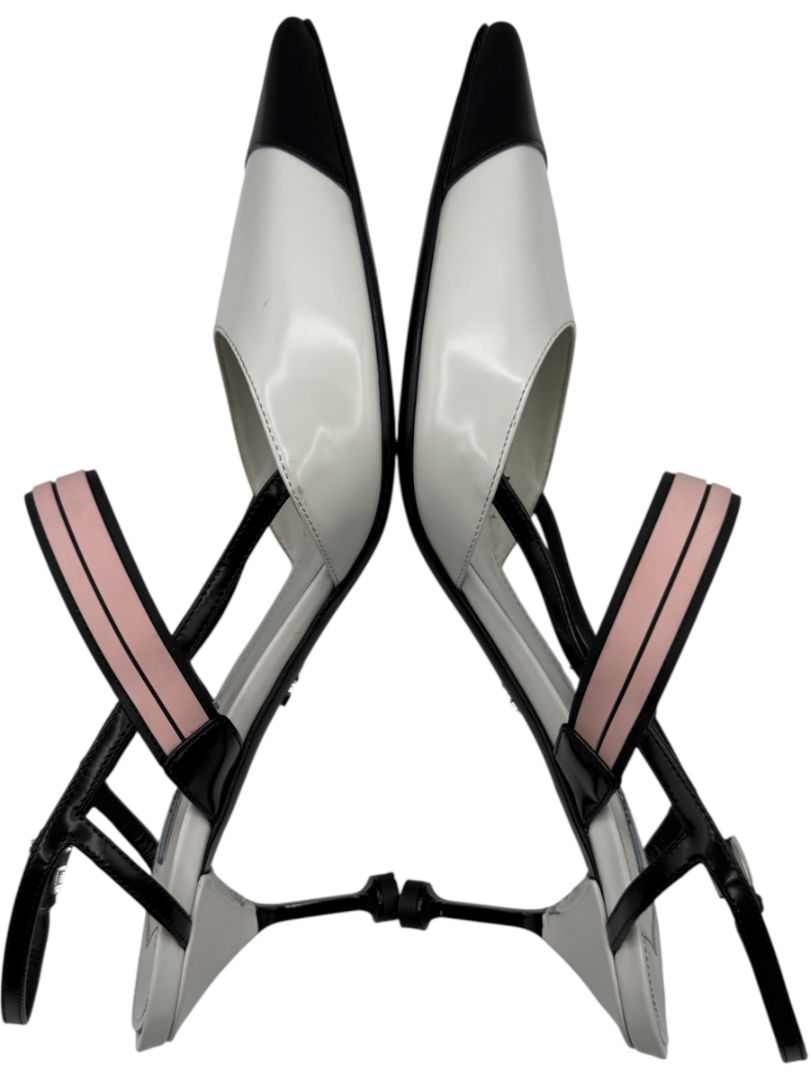 Prada White, Black & Blush Patent Leather Kitten Heels – Size 39.5