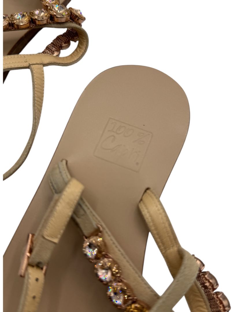 100% Capri Jeweled T-Strap Flat Sandals – Size 39