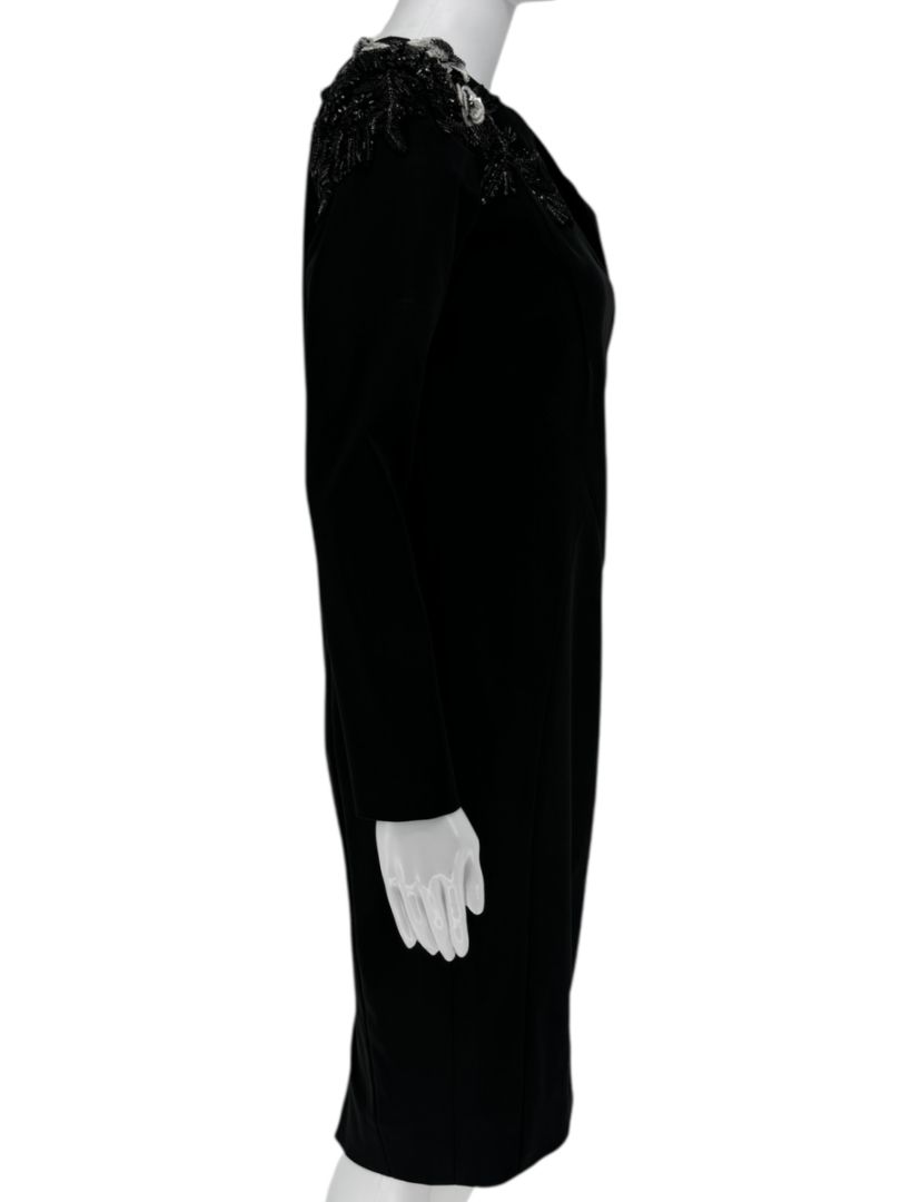Pamella Roland Black Beaded One-Shoulder Cocktail Dress - Large