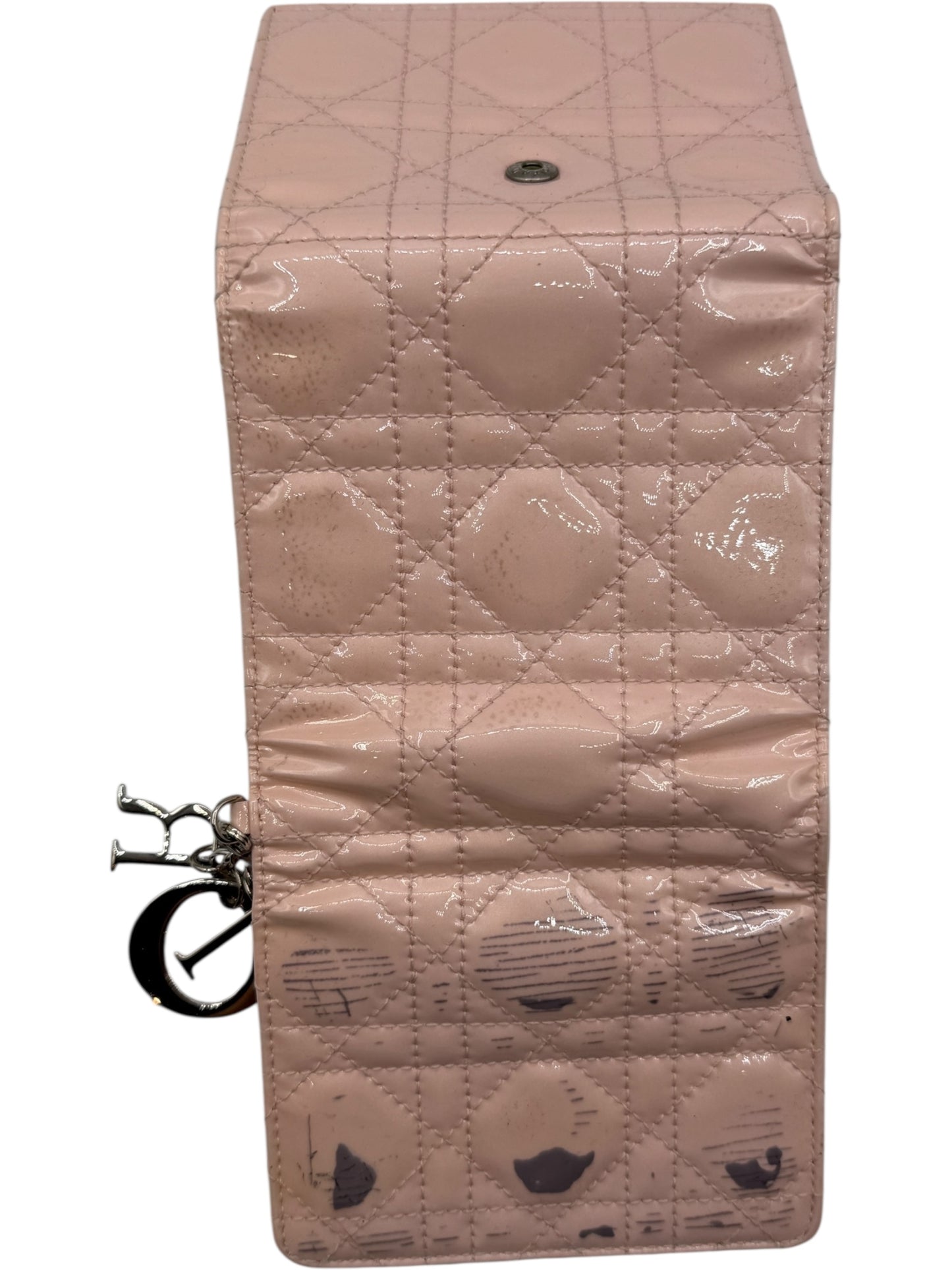 Christian Dior Cannage Pink Patent Leather Trifold Wallet with Dior Charm