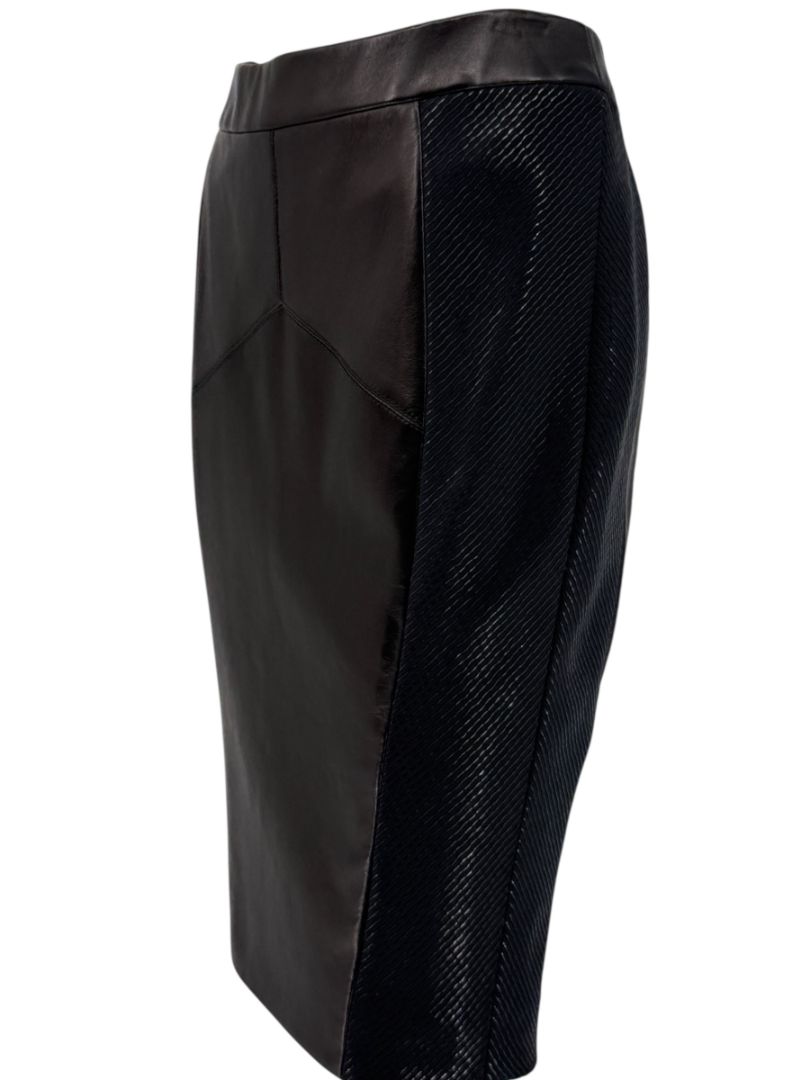 Pamella Roland Black Leather & Textured Knit Pencil Skirt – Large