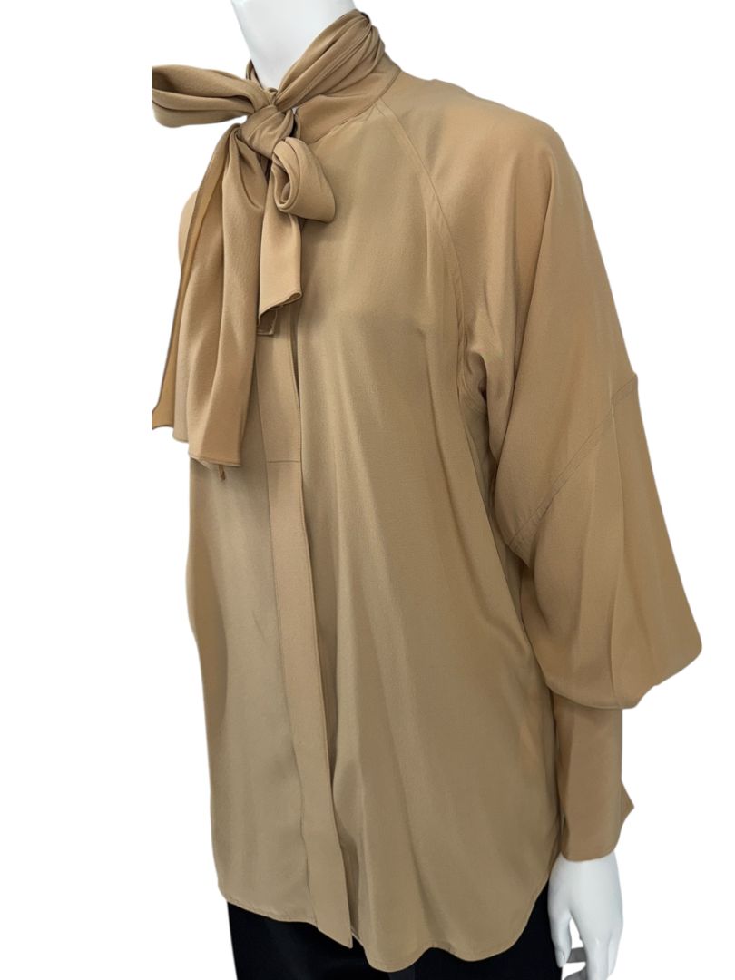 NWT Victoria Beckham Camel Silk Tie-Neck Blouse – Size US 6
