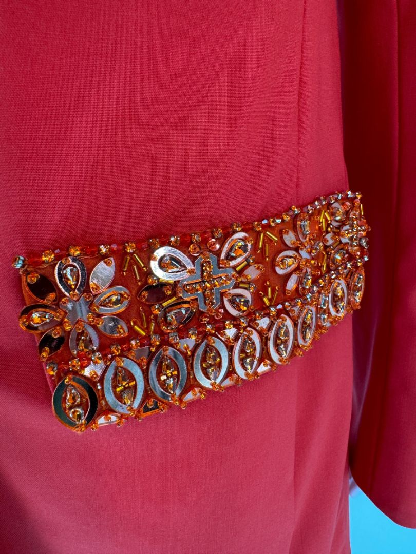 Pamella Roland Red Crystal Embellished Pocket Pant Suit – Large