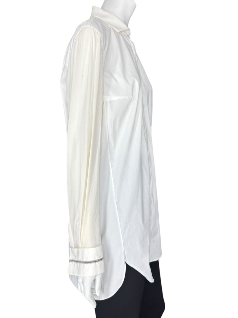 Brunello Cucinelli White Long Sleeve Blouse with Monili Trim Cuffs – Size XL
