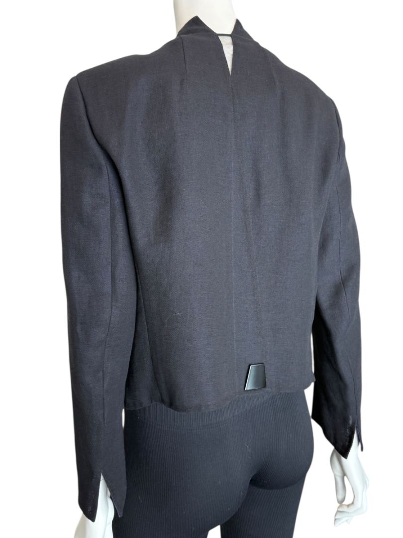 Akris Bergdorf Goodman Linen-Blend Cropped Open Jacket – Black & Navy – Size US 10