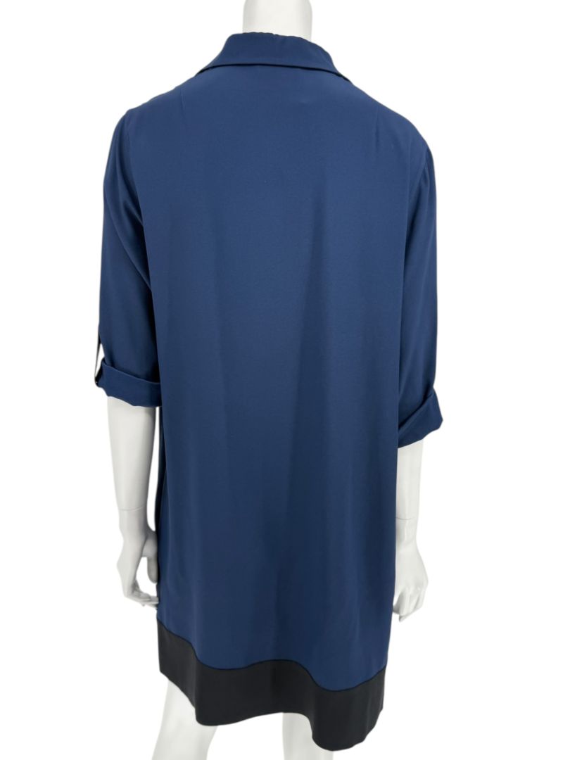 Akris Punto Navy Blue Viscose Acetate Tunic Dress Black Hem Roll Tab Sleeve - US 10