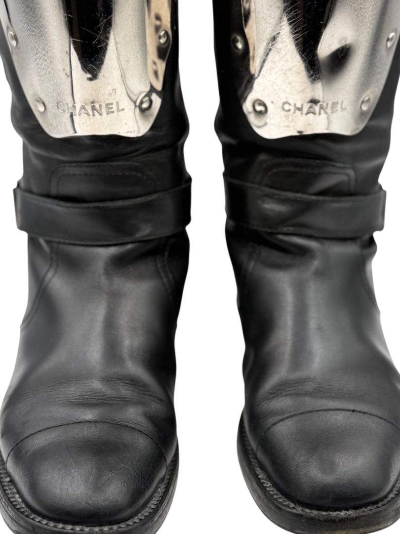 Chanel Black Leather Moto Boots with Silver Armor Plate – Size 40.5