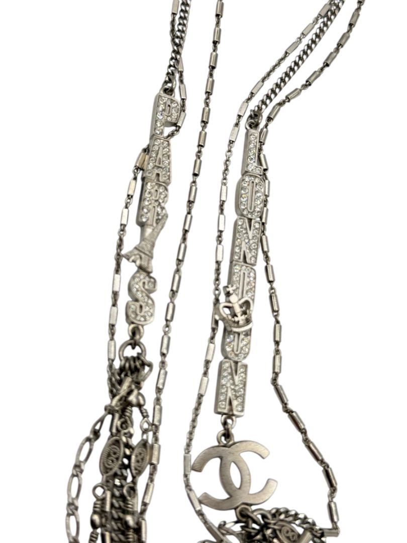 Chanel Silver Multi-Strand “Paris London” Crystal Chain Necklace