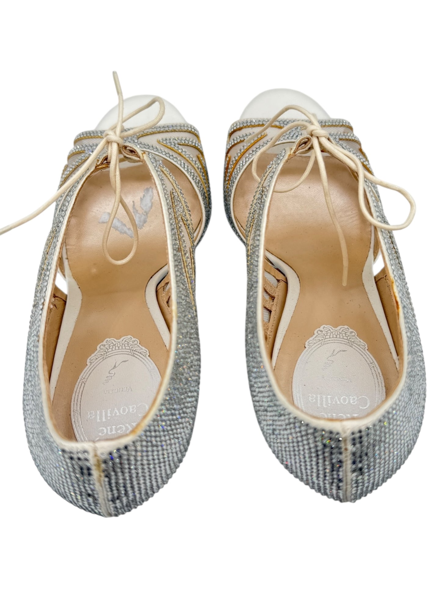 BNIB René Caovilla Silver Crystal Mesh Lace-Up Heels – Size 39