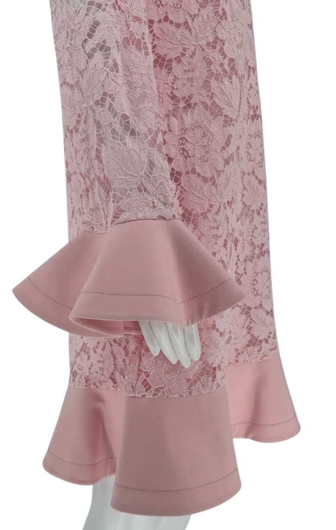 Pink Lace Overlay Ruffle Sleeve/Trim Longsleeve Dress