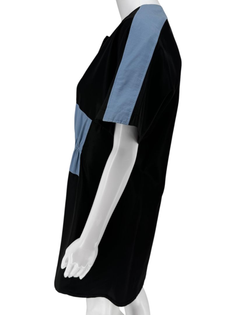 Pamella Roland Black & Blue Colorblock Gathered Waist Dress