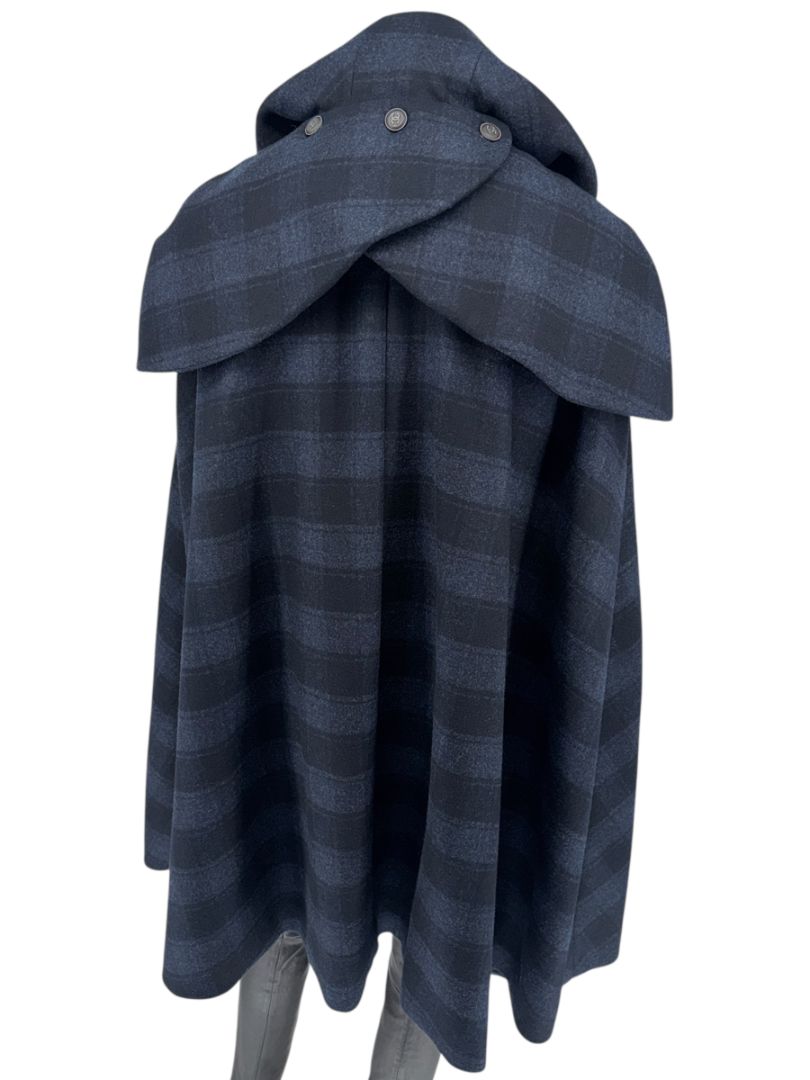 *RARE* Chanel Navy & Black Plaid Wool Hooded Cape with Logo Buttons – Size FR 44