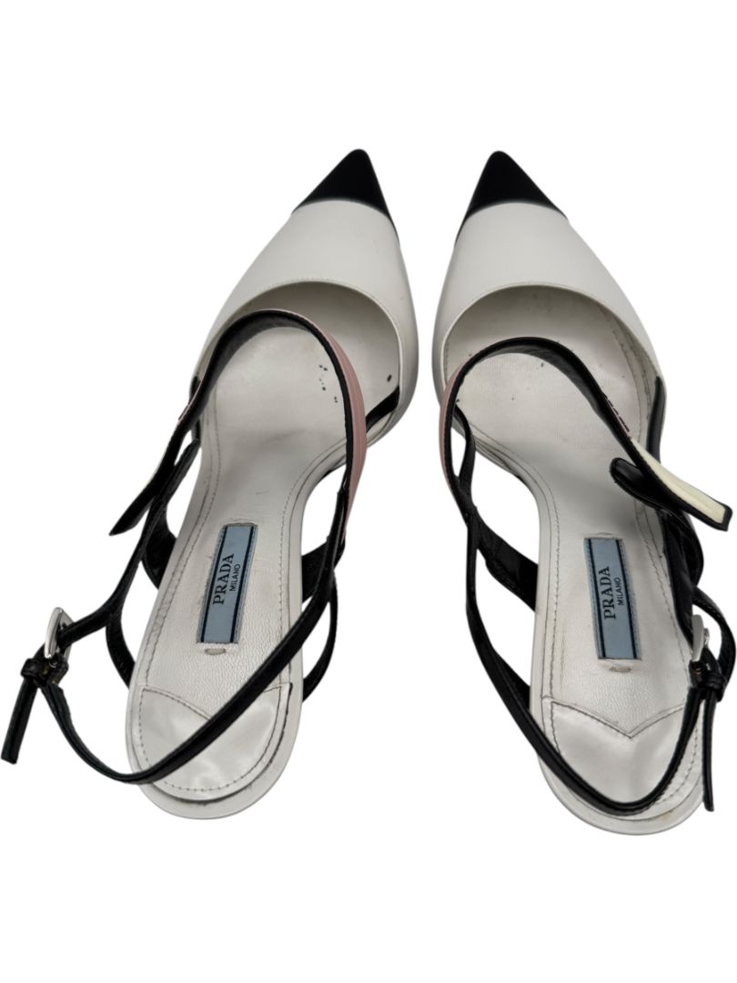 Prada White, Black & Blush Patent Leather Kitten Heels – Size 39.5
