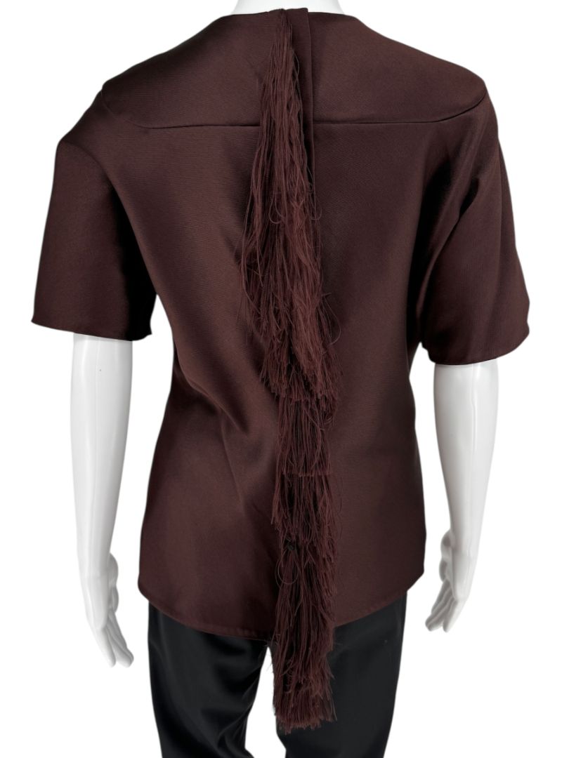 Alexander Wang Mahogany Short Sleeve Top with Fringed Back Detail