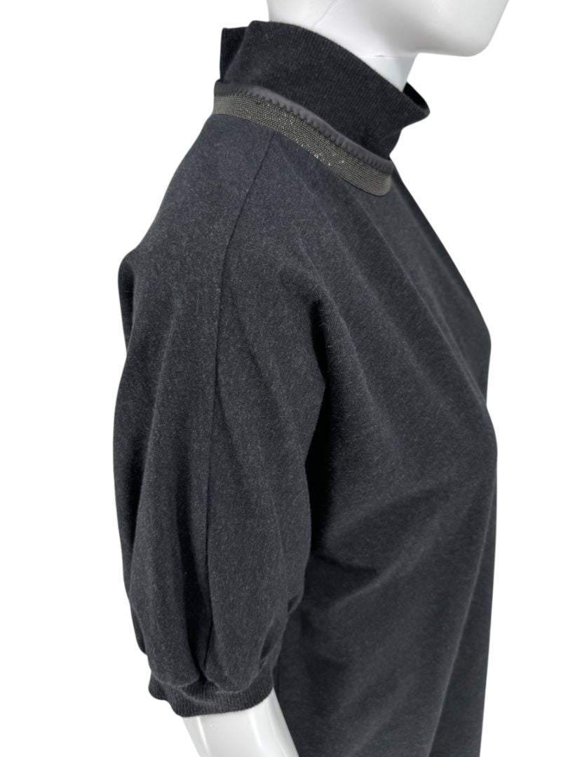 Brunello Cucinelli Charcoal Puff-Sleeve Tunic with Monili Trim – Size Large