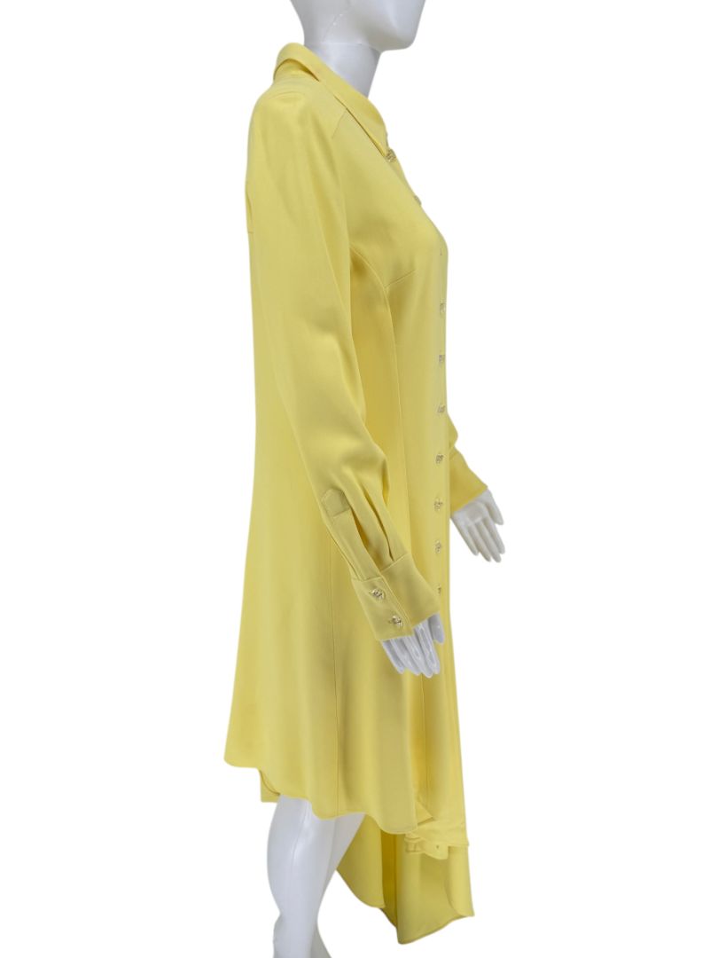 Pamella Roland Pale Yellow Crystal Button Shirt Dress with Asymmetric Hem - L