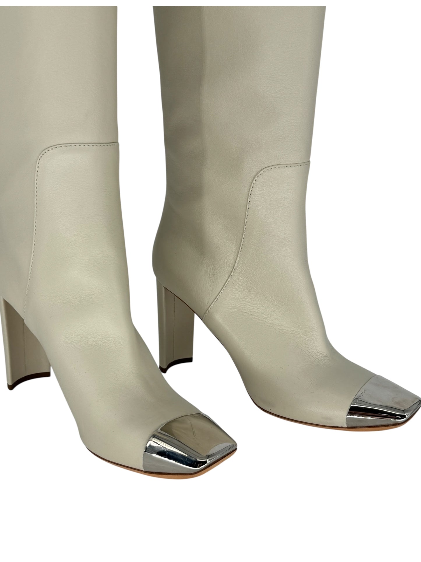 Louis Vuitton Ivory Leather Square-Toe Boots with Silver Cap – Size 39.5