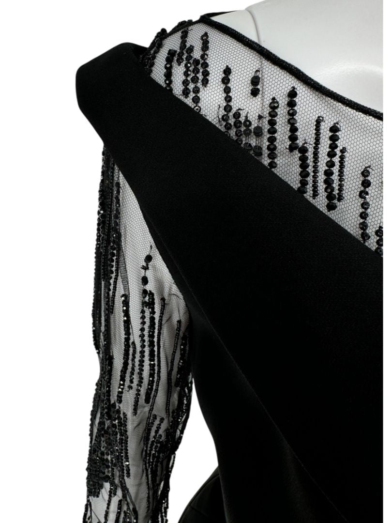 Pamella Roland Black Embellished Mesh Sleeve Cocktail Dress – Large
