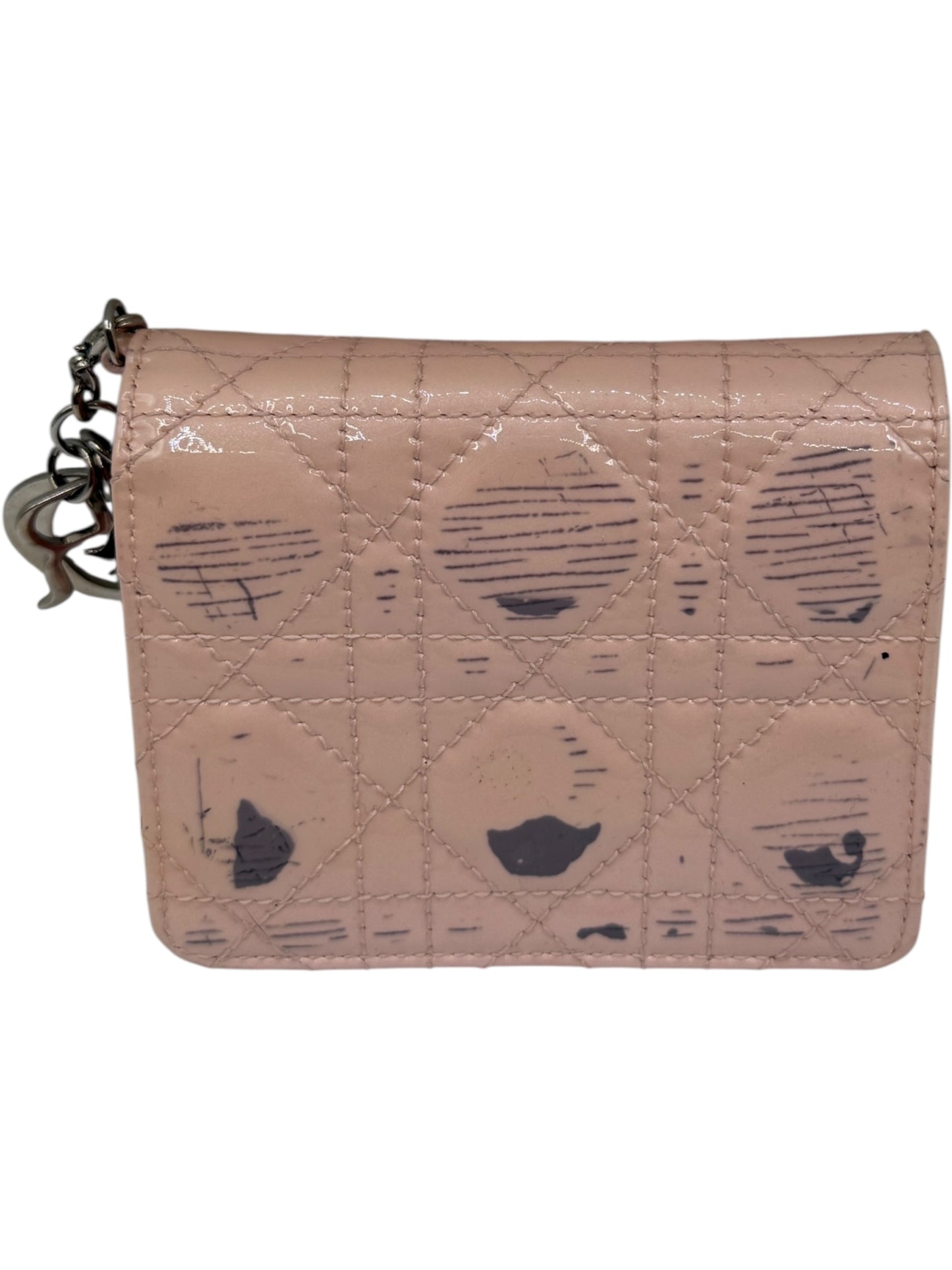Christian Dior Cannage Pink Patent Leather Trifold Wallet with Dior Charm