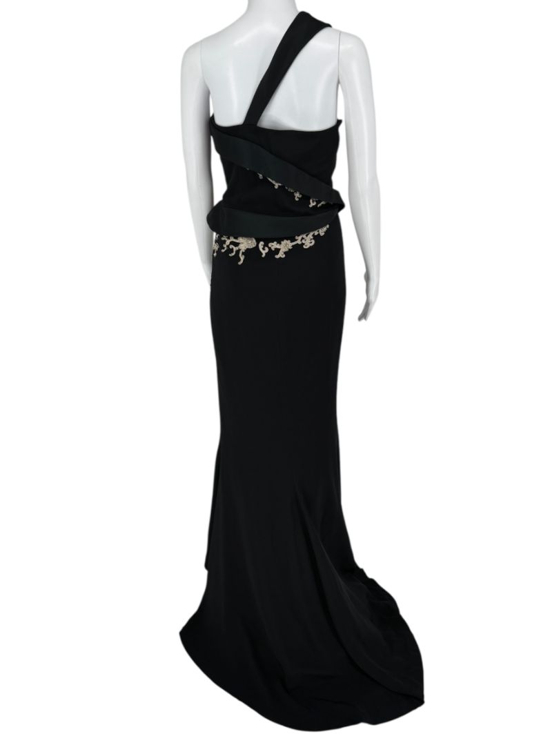 Pamella Roland Black One-Shoulder Gown with Embroidered Gold Appliqué - Large