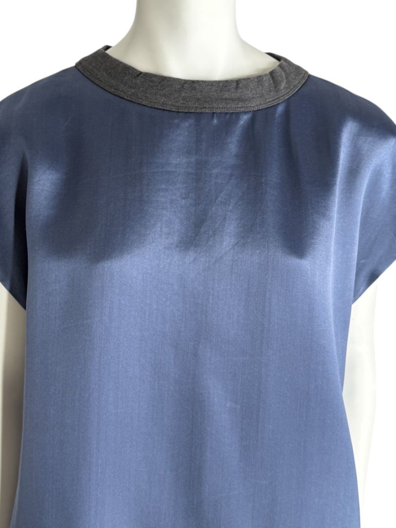 NWT Brunello Cucinelli Navy Silk Shift Dress with Contrast Trim – Size XL