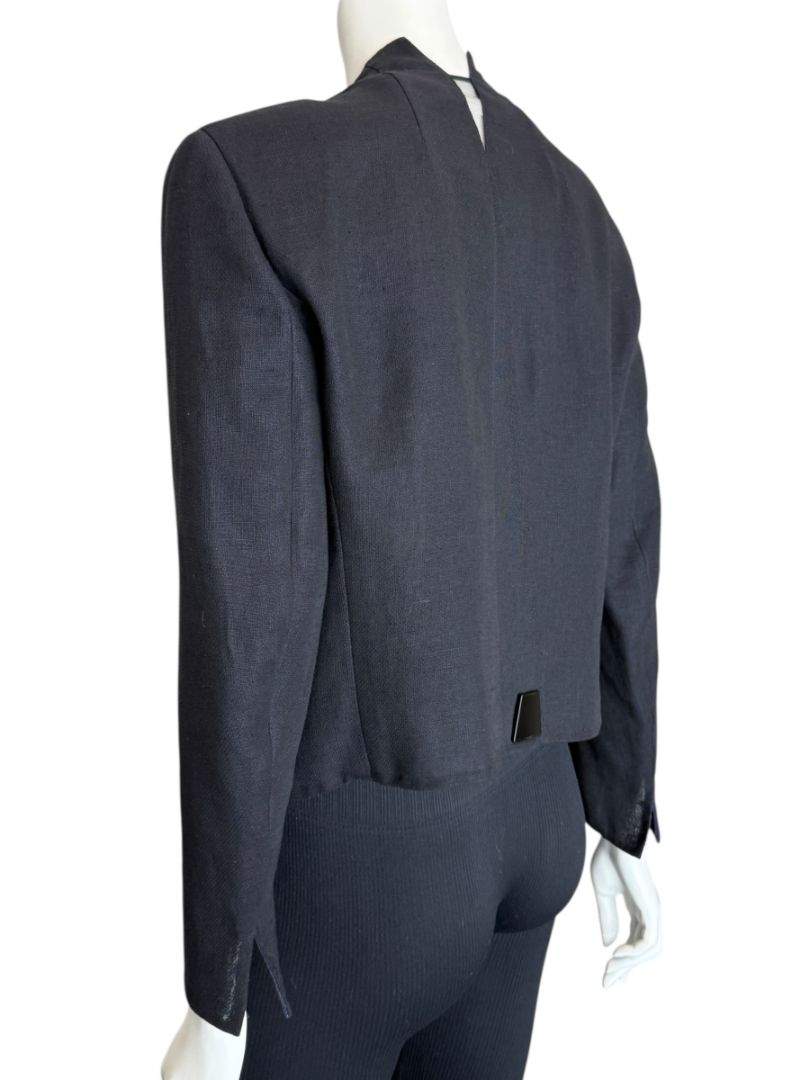 Akris Bergdorf Goodman Linen-Blend Cropped Open Jacket – Black & Navy – Size US 10