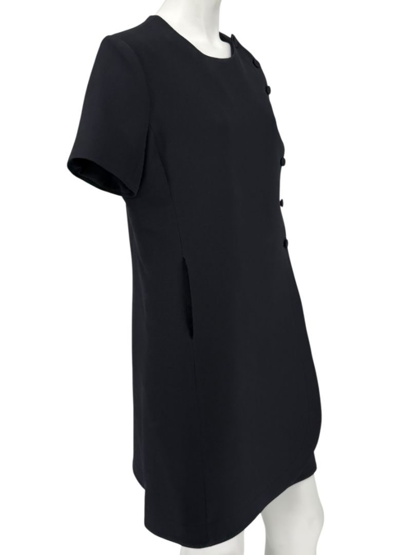 Christian Dior Paris Black Wool-Silk Shift Dress with Asymmetric Button Detail – Size FR 42 (US 10)