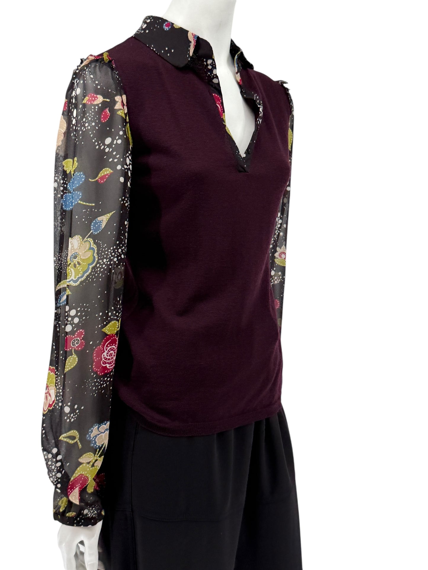 Moschino Virgin Wool Sweater with Sheer Floral Sleeves – Size 8 (IT 38)