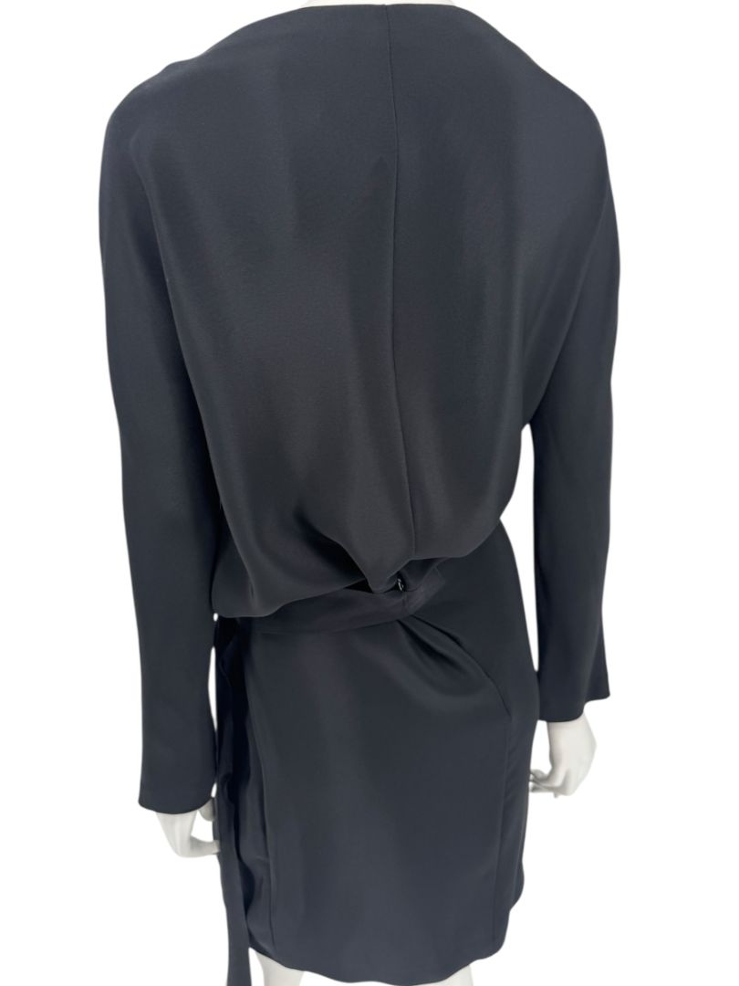 Pamella Roland Black Drape-Front Long Sleeve Belted Mini Dress – Large
