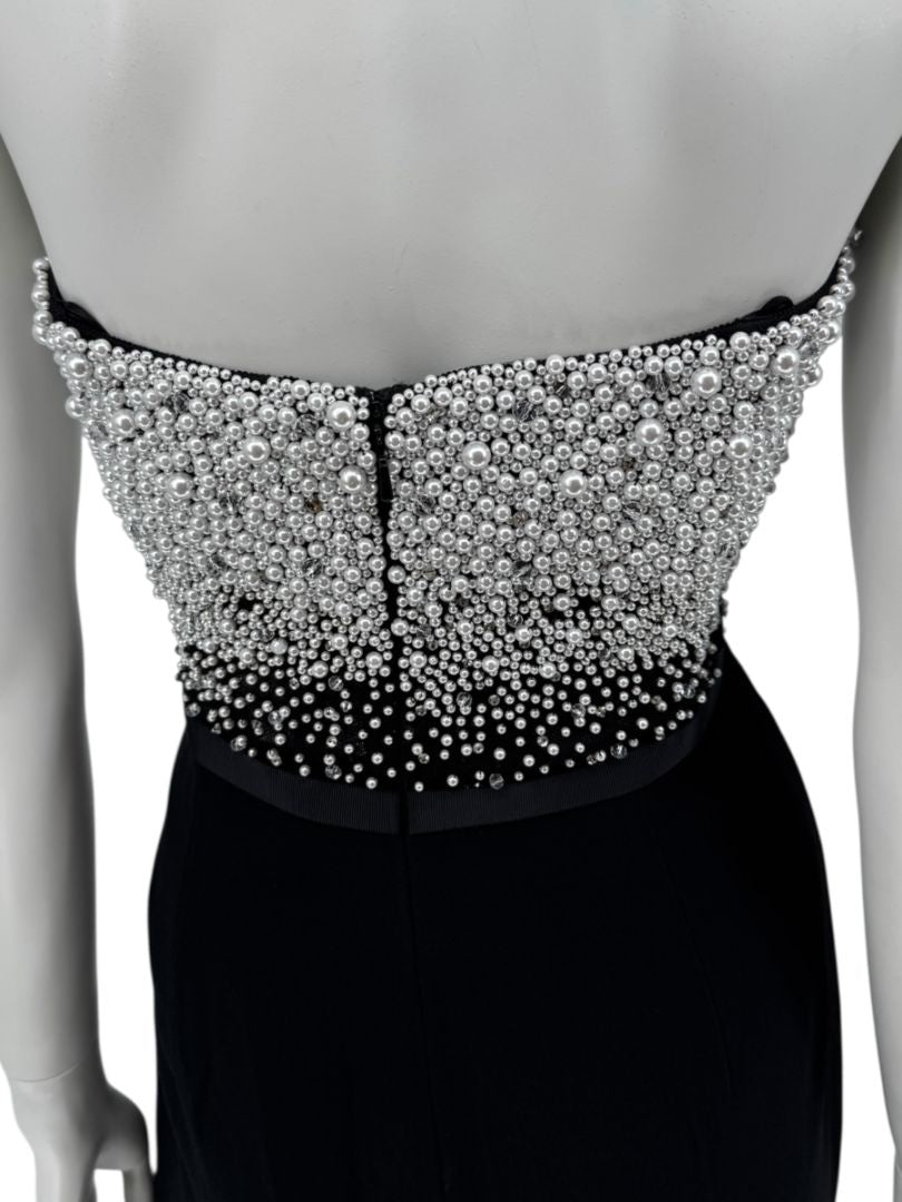 Pamella Roland Black Strapless Gown Silver Pearl Crystal Beaded Bodice Size 8 Evening Dress