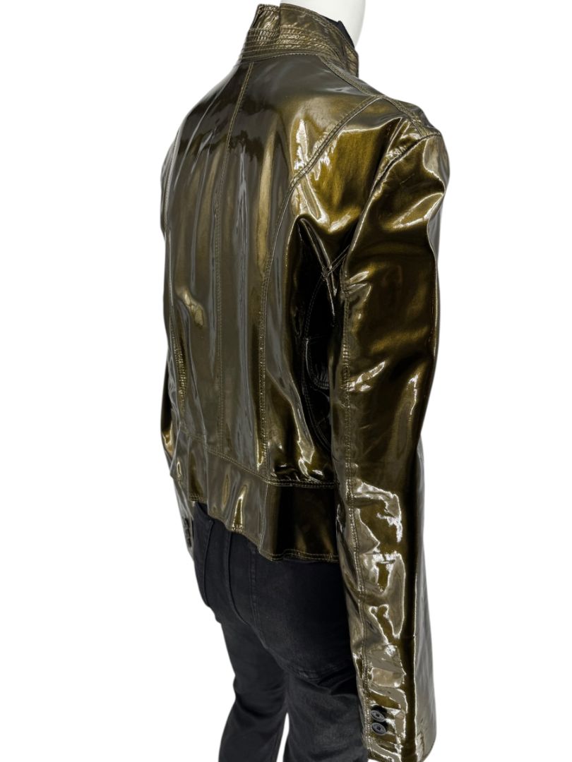 Burberry London Metallic Olive Green Leather Jacket – Size UK 12 / US 10