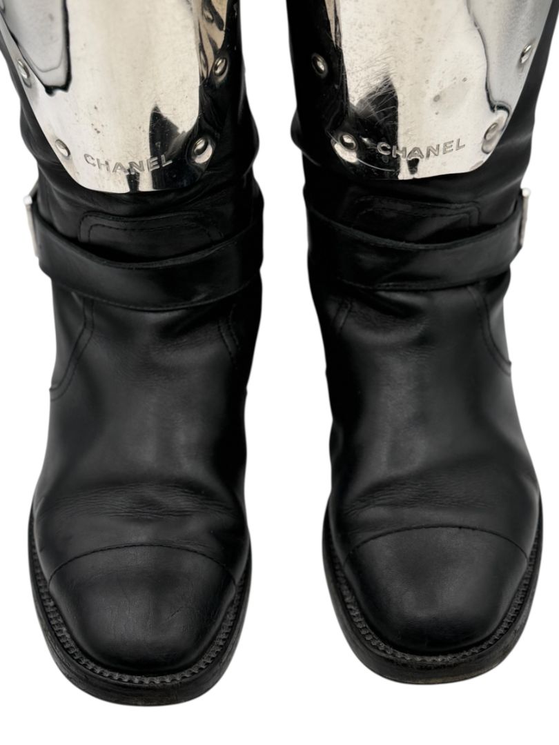 Chanel Black Leather Moto Boots with Silver Armor Plate – Size 40.5