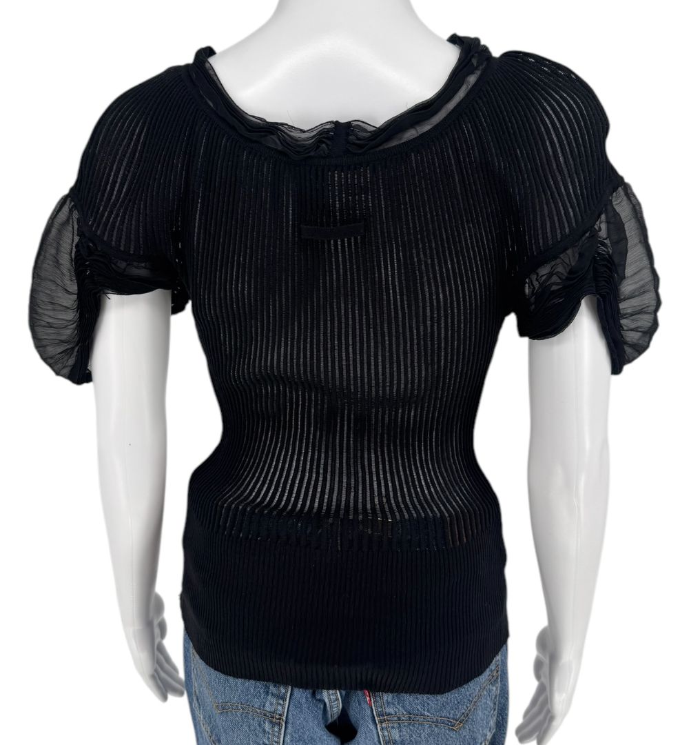 Jean Paul Gaultier Black Ribbed Sheer Top with Puff Sleeves - S