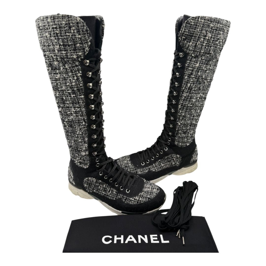 Chanel Tweed & Suede Lace-Up Knee-High Sneakers – Size 40 (EU)