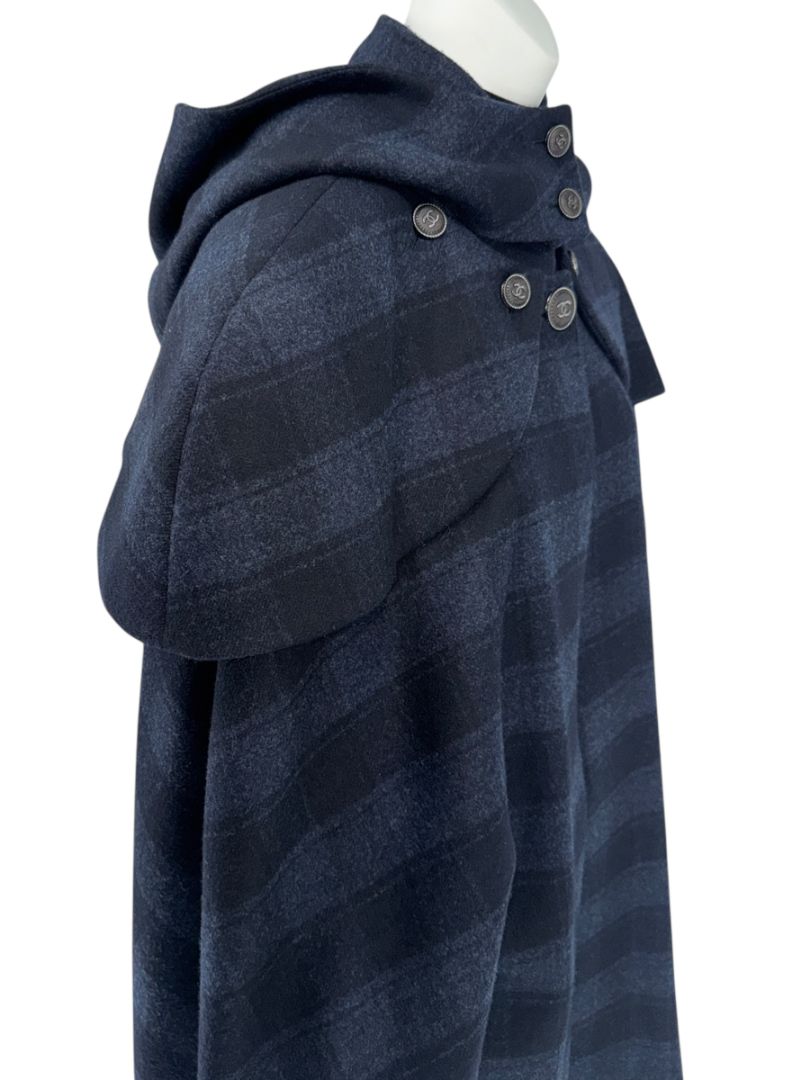 *RARE* Chanel Navy & Black Plaid Wool Hooded Cape with Logo Buttons – Size FR 44