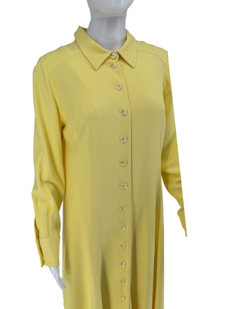 Pamella Roland Pale Yellow Crystal Button Shirt Dress with Asymmetric Hem - L