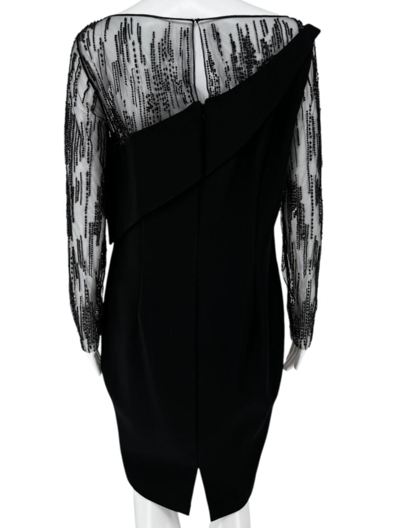 Pamella Roland Black Embellished Mesh Sleeve Cocktail Dress – Large