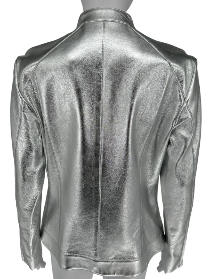 Pamella Roland Silver Metallic Leather Moto Jacket – Size 8