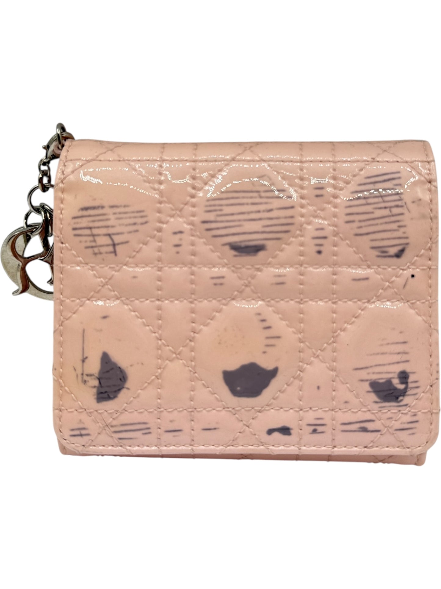 Christian Dior Cannage Pink Patent Leather Trifold Wallet with Dior Charm