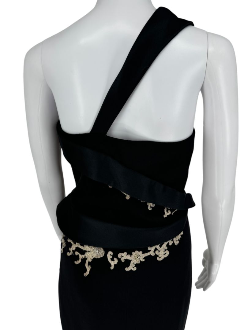 Pamella Roland Black One-Shoulder Gown with Embroidered Gold Appliqué - Large