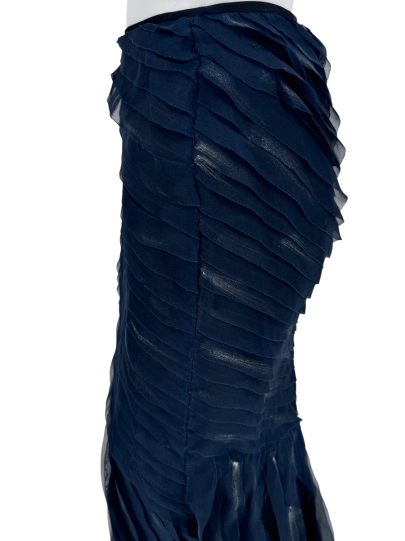 Pamella Roland Navy Textured & Hand Painted Chiffon Tiered Mermaid Skirt –