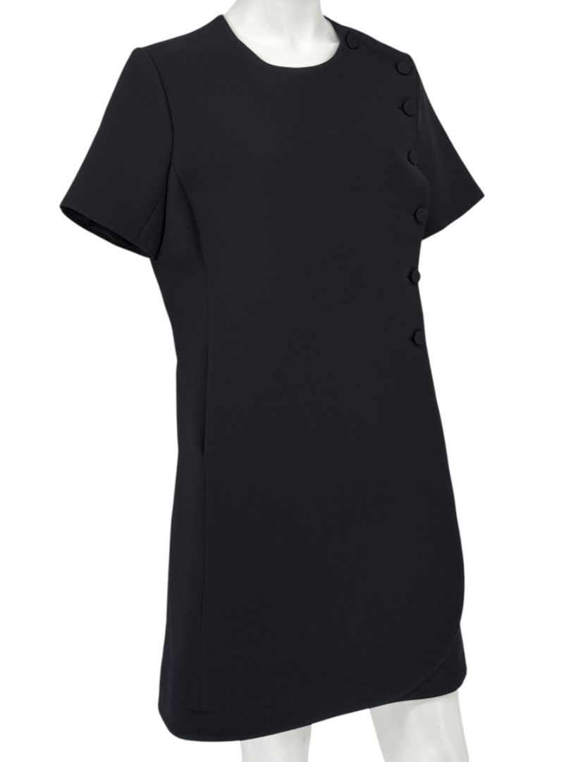 Christian Dior Paris Black Wool-Silk Shift Dress with Asymmetric Button Detail – Size FR 42 (US 10)