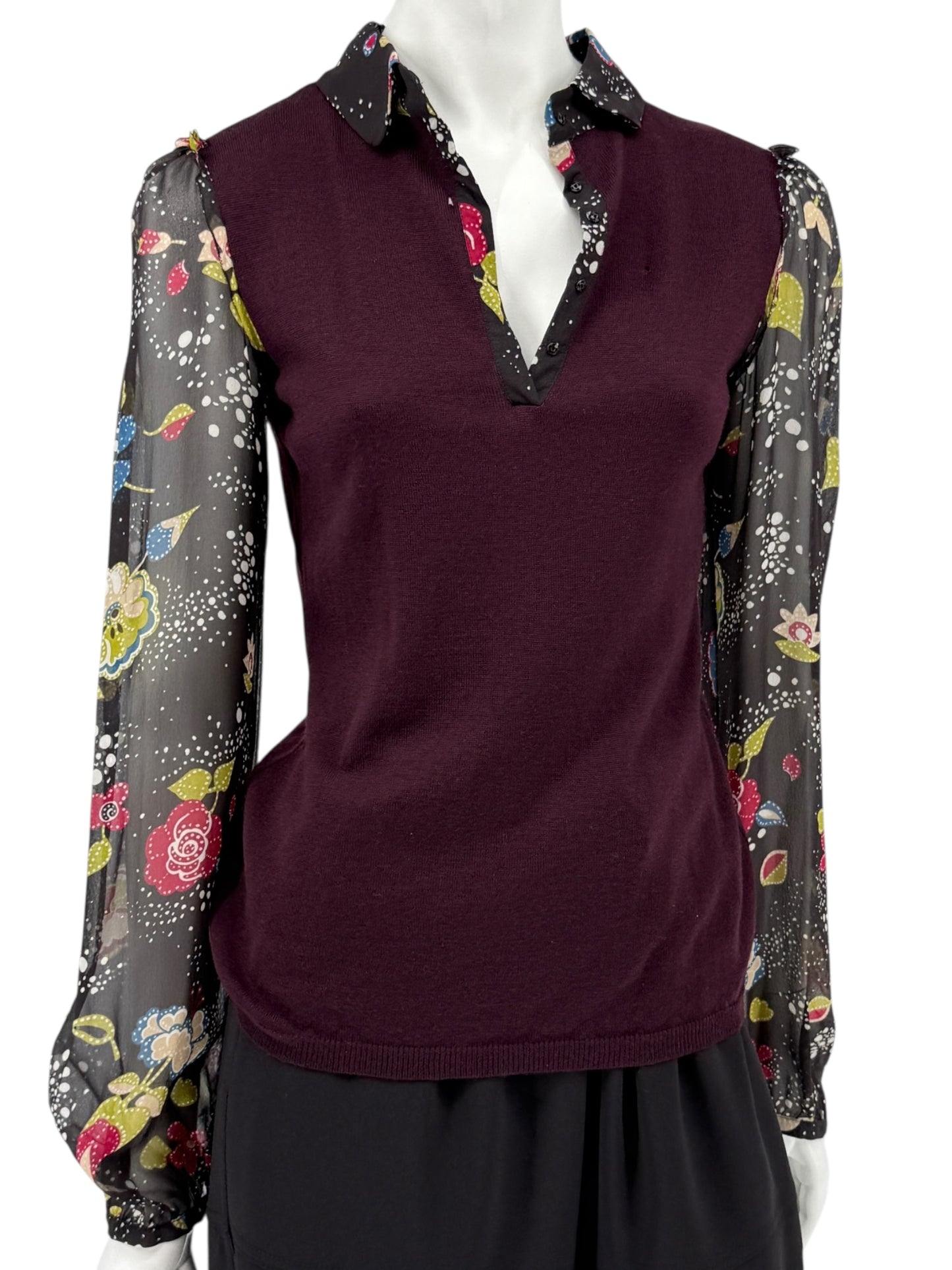 Moschino Virgin Wool Sweater with Sheer Floral Sleeves – Size 8 (IT 38)