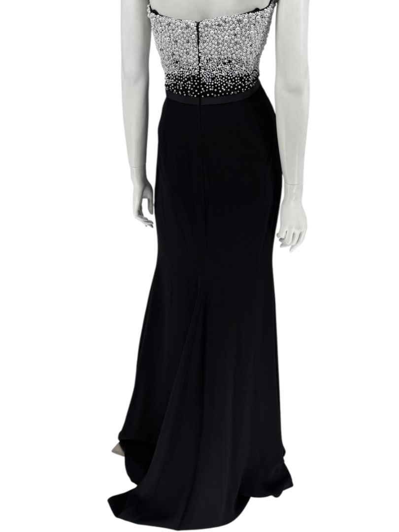 Pamella Roland Black Strapless Gown Silver Pearl Crystal Beaded Bodice Size 8 Evening Dress